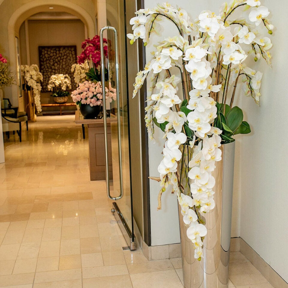 Cascading Phalaenopsis Orchids on Polished Stainless Steel Cone