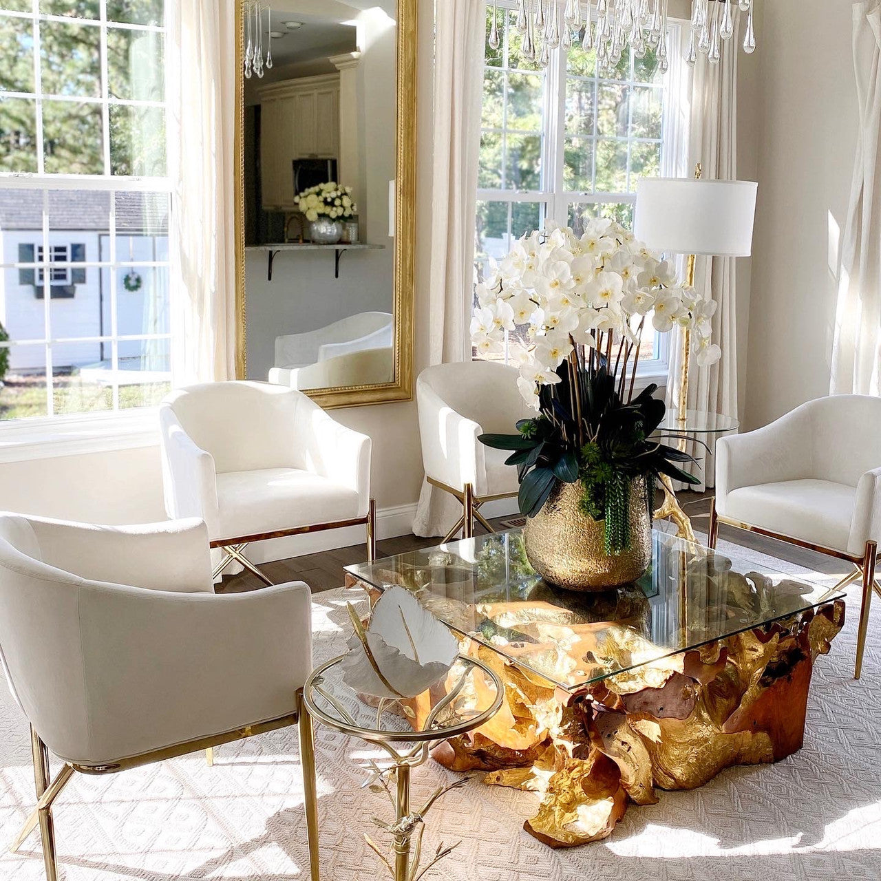 Delaney Gold Vase with Multiple Phalaenopsis Orchid Stems and Succulents