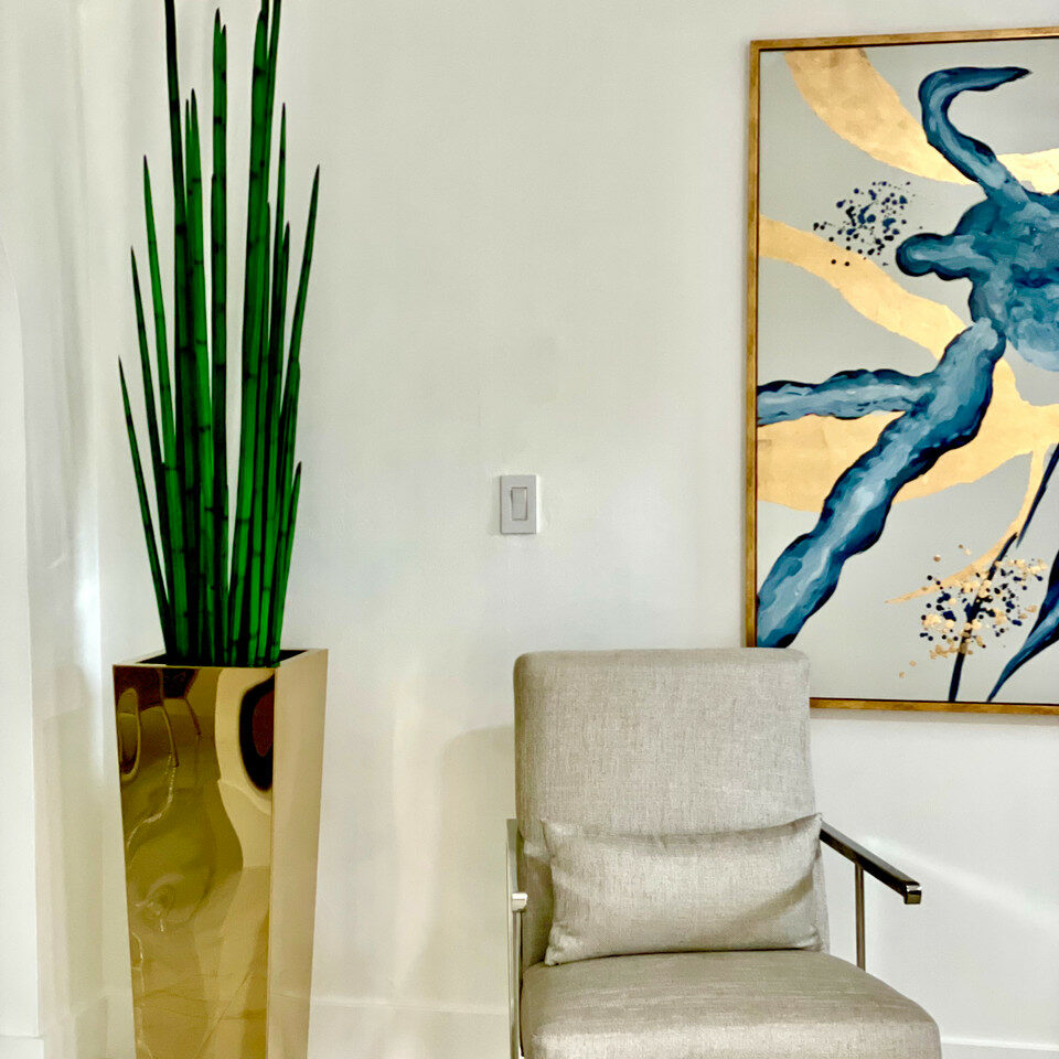 Golden Cube Vase with Snake Grass