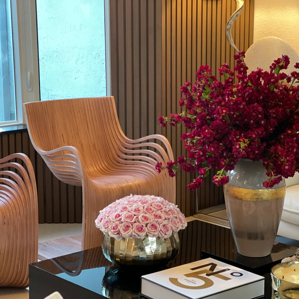 'Goddess' vase with burgundy cherry blossoms