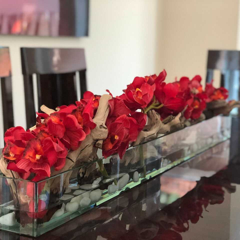 Modern House 48' Glass Planter with Red Cymbidiums