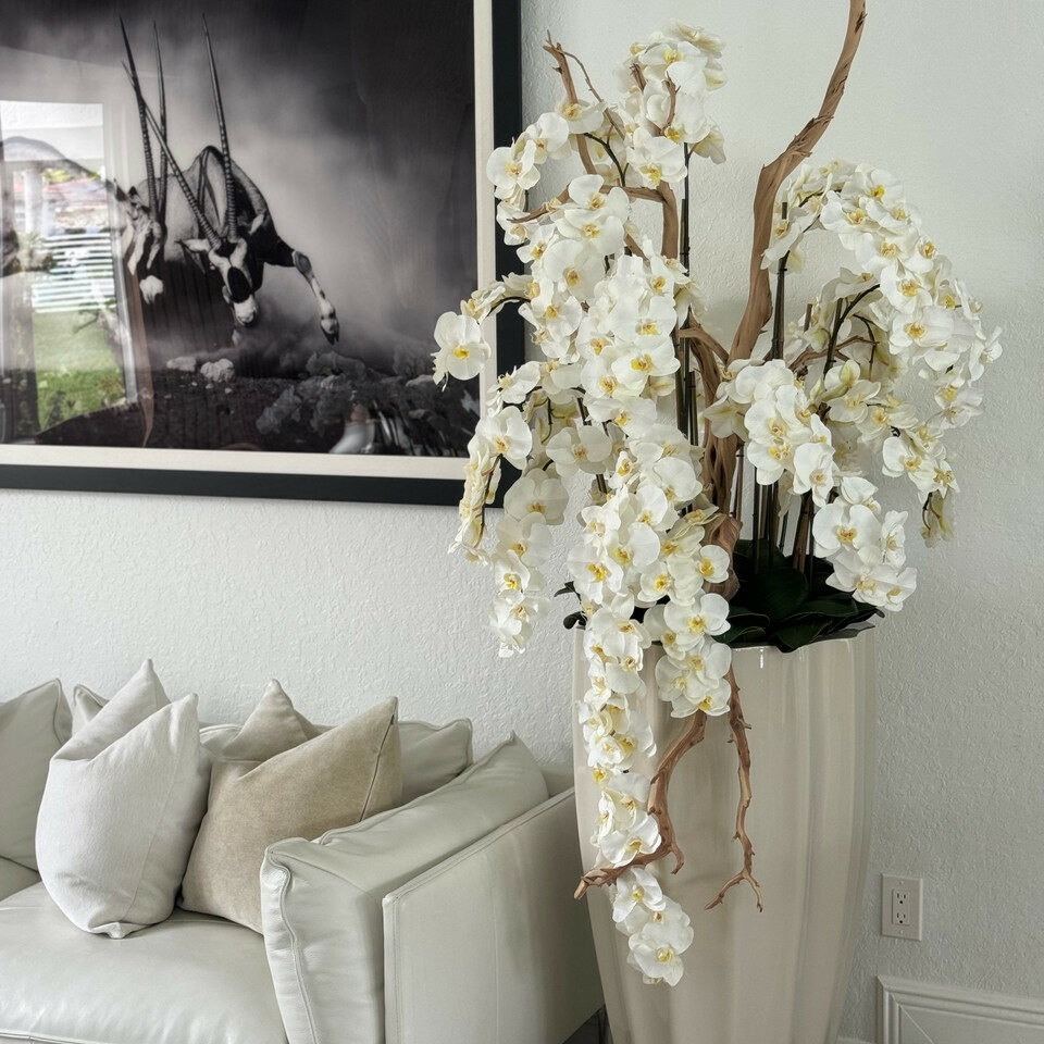 San Jose Vase in sandy Beige with white orchids in waterfall design