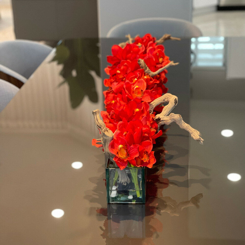 Modern House 48' Glass Planter with Red Cymbidiums