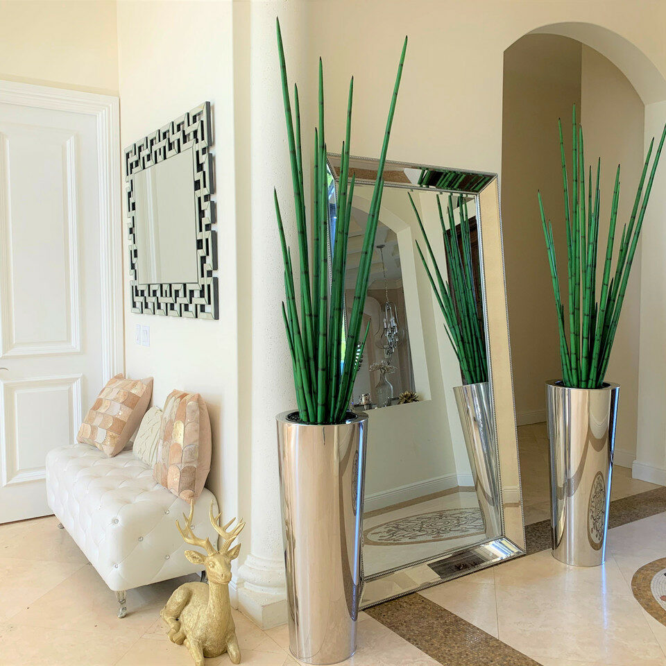 Large Polished Stainless Steel Cone Vase with Large Snake Grass Plant
