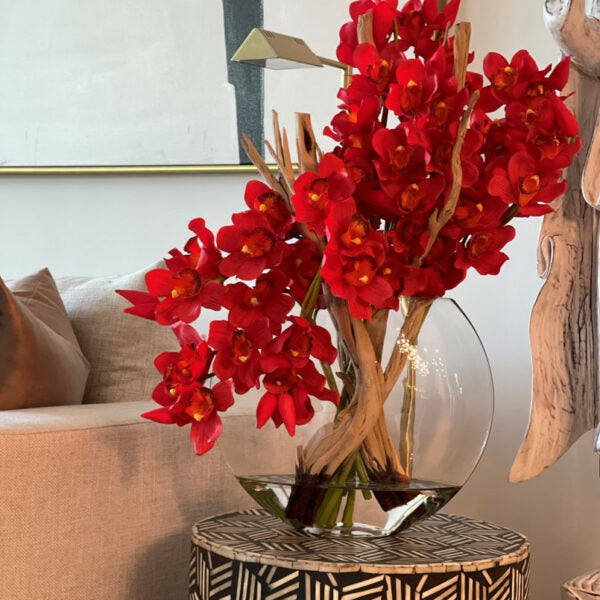 Red Cymbidiums in Moon Vase